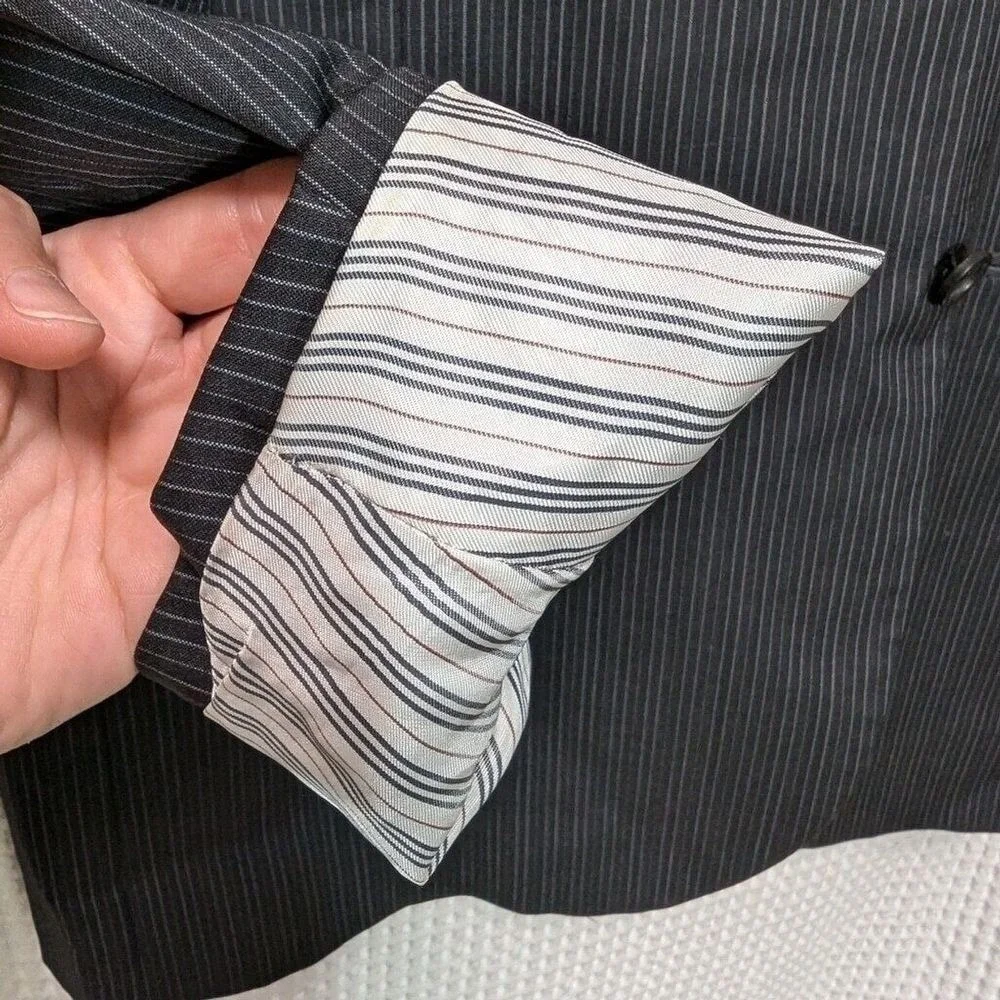 Burberry London Mens Pinstripe 100% Wool Suit Jacket Blazer Grey 46 Long